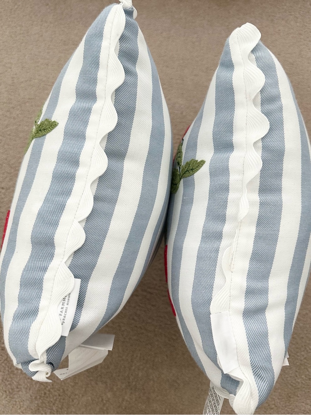 Set of 2 Strawberry Embroidered Blue & White Stripes Indoor/Outdoor Throw Pillow - Picture 6 of 17